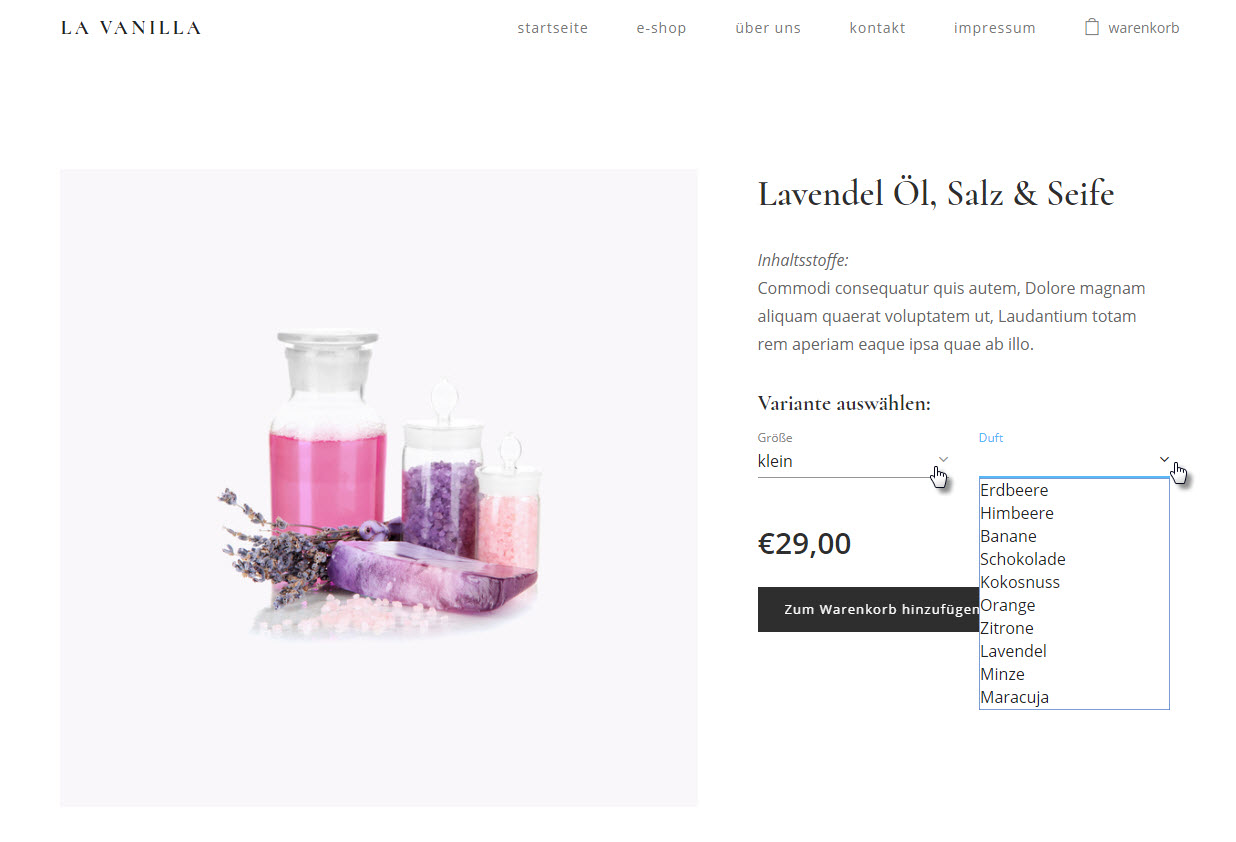 Produktvarianten im Webnode E-Shop