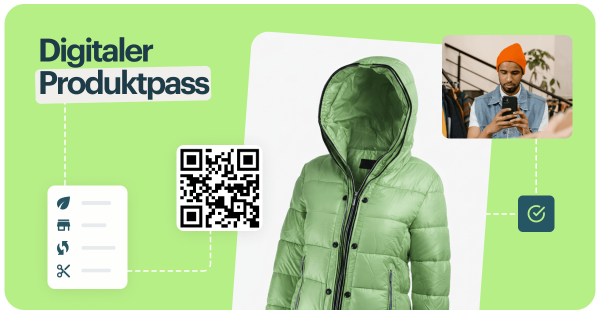 Europaweiter digitaler Produktpass in Form eines QR-Codes. Er fasst Produktinformationen, bspw. eine Daunenjacke, klar zusammen.