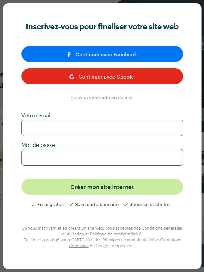 Capture d'écran montrant les premières étapes de la création d'un site avec Webnode : enregistrer une adresse e-mail et créer un mot de passe