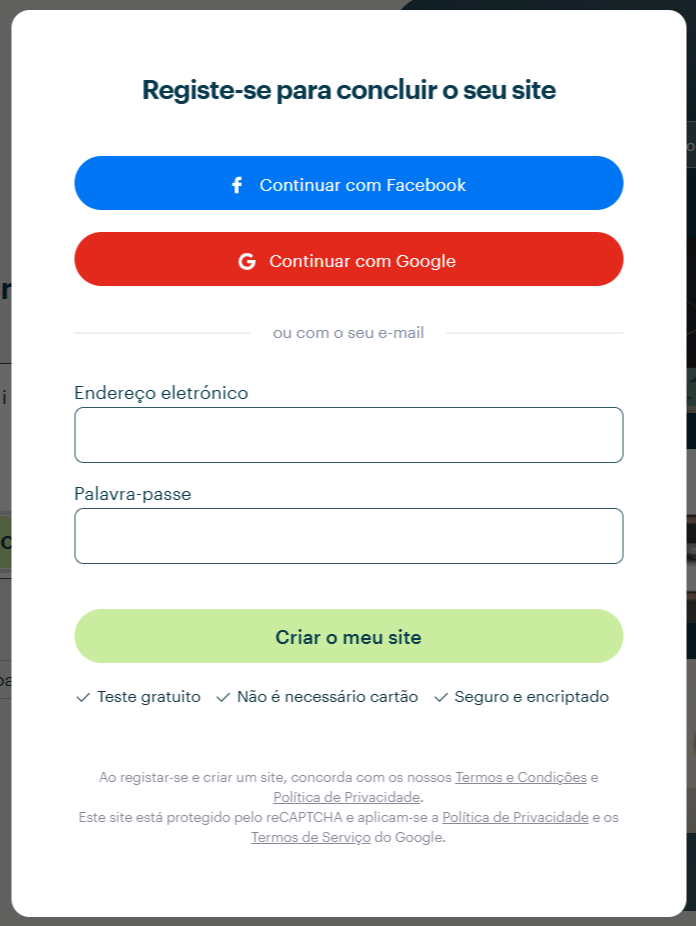 Página de registo de site na Webnode