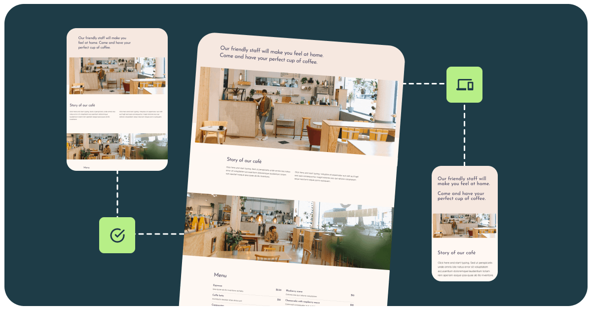 A Webnode template displayed on desktop and mobile, showing a responsive design included in all plans.