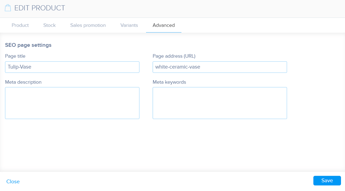 Product SEO settings in Webnode