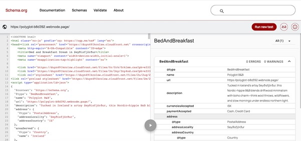 Schema markup test results.