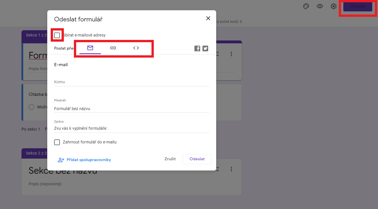 Odeslání a sdílení formuláře Google