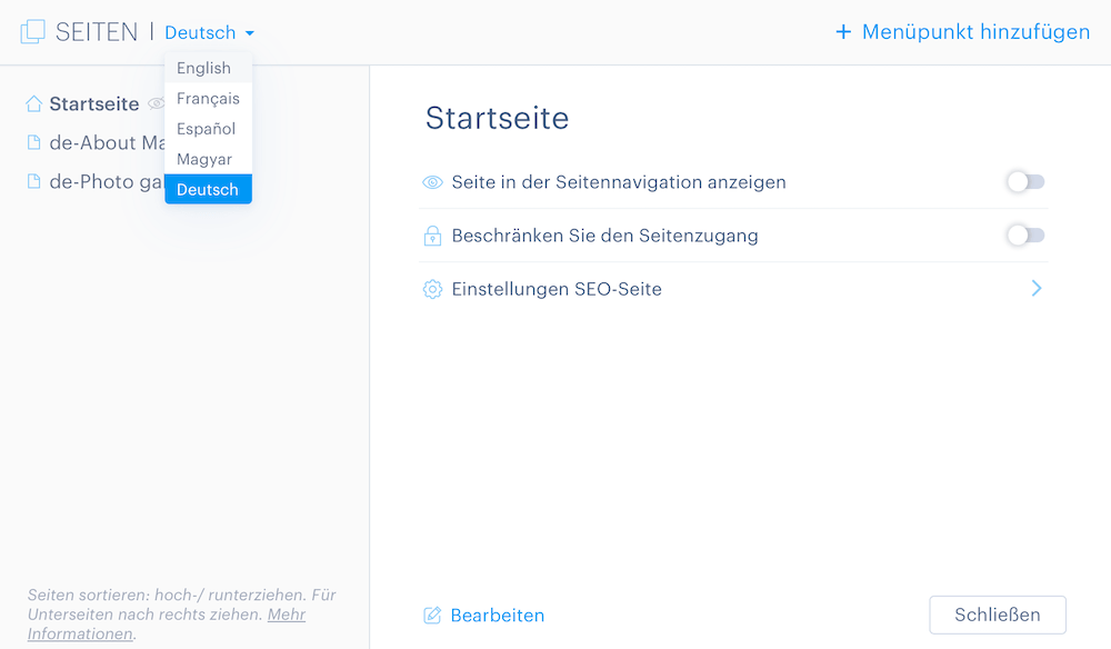 Bearbeiten der Sprachseiten im Webnode Editor