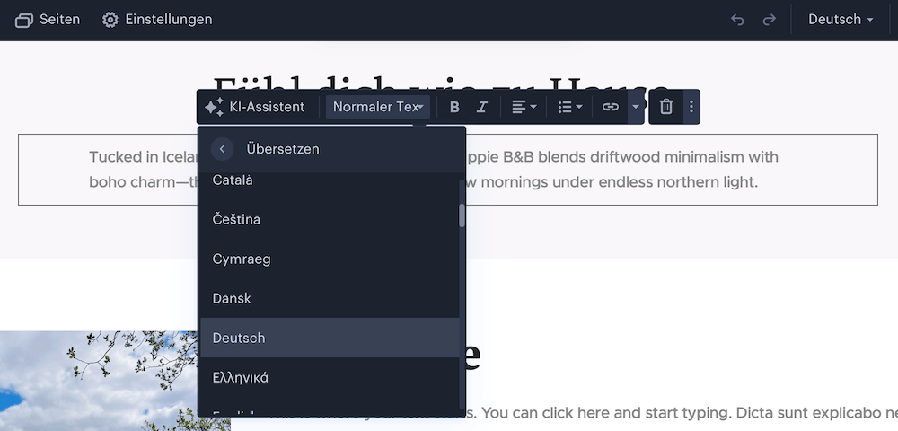 Textübersetzung mit dem KI-Assistenten im Webnode Editor