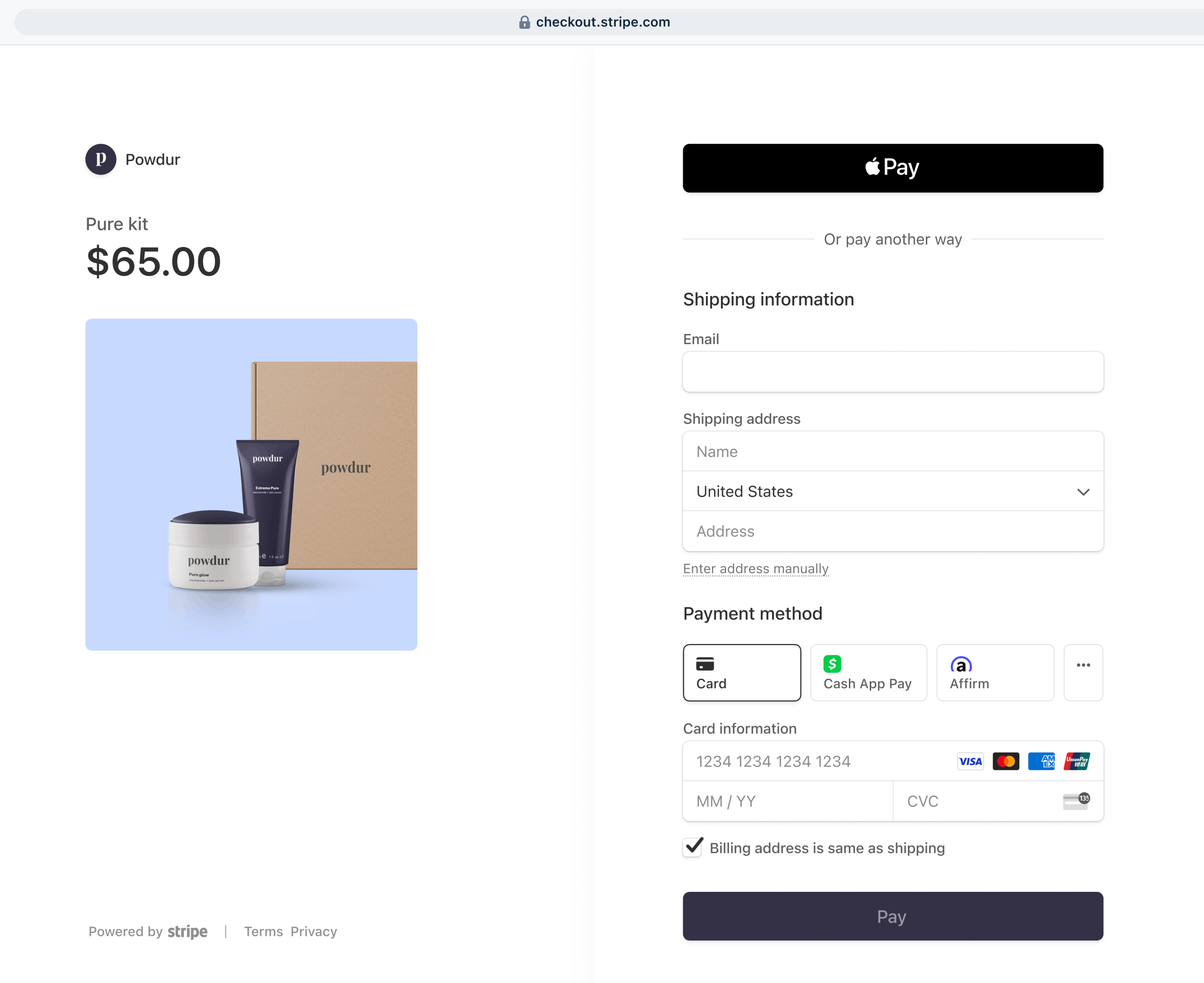 Example of a Stripe checkout page with local payment options