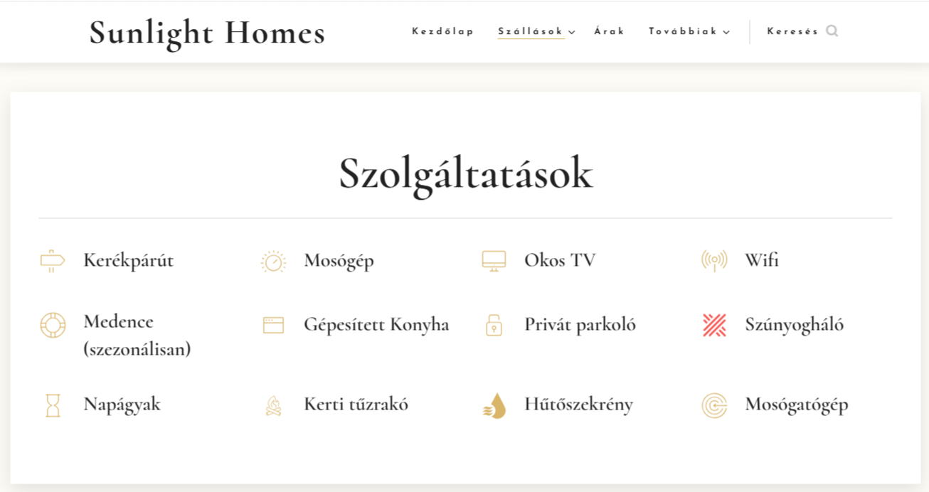 Egy Webnode-dal készült weboldal képernyőképe, amely jól szemlélteti, hogyan tehetik a képek és ikonok könnyen áttekinthetővé a hotel weboldalakat.