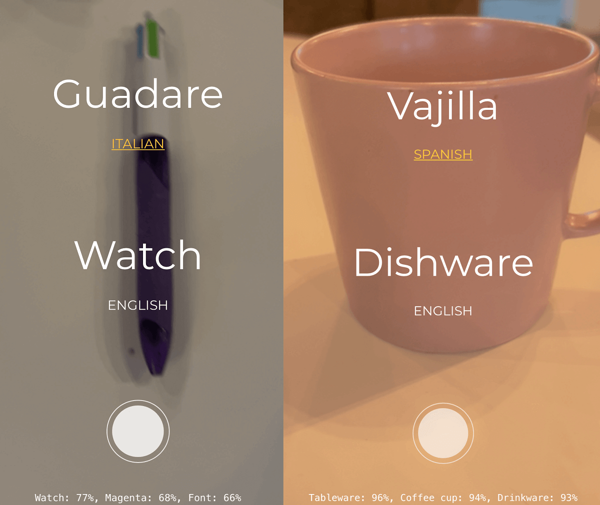 Googleの画像翻訳ツール、The Thing Translatorがカップと紫色のペンを特定しようとしているところ