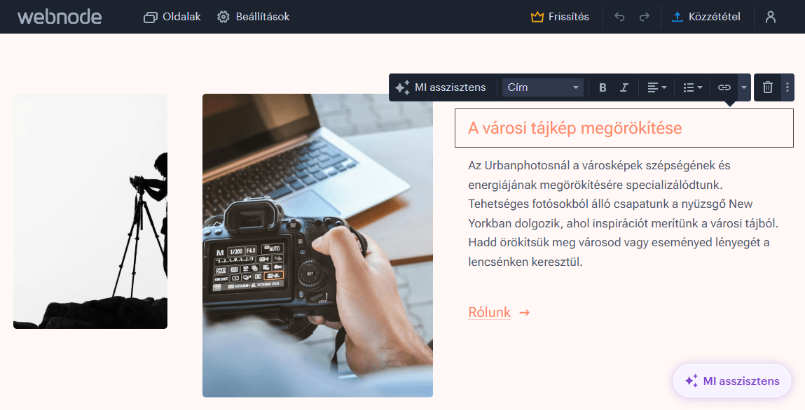 A Webnode AI-Asszisztense egy weboldalt szerkeszt.