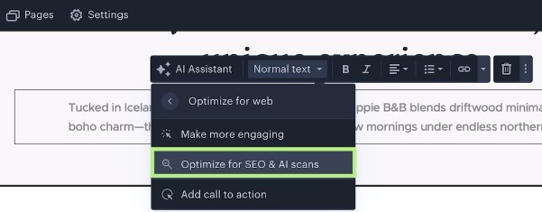 Webnode AI assistant showing where to enable SEO optimization for written text.