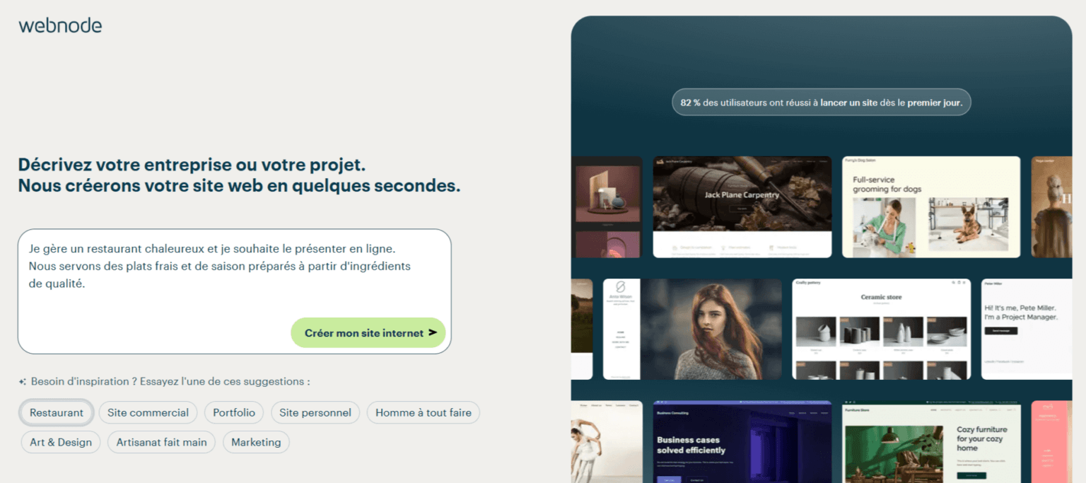 Une page de l'accueil de Webnode invitant les visiteurs à « créer votre propre site web gratuitement en quelques secondes »