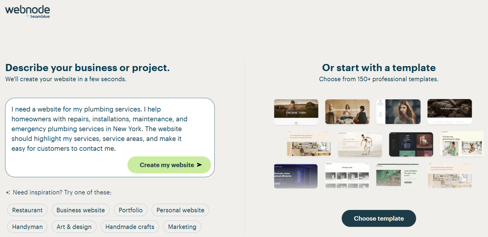A screenshot showing how to make a website with Webnode's AI.