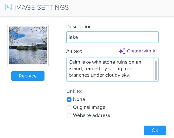 Image description and alt text in the Webnode editor.
