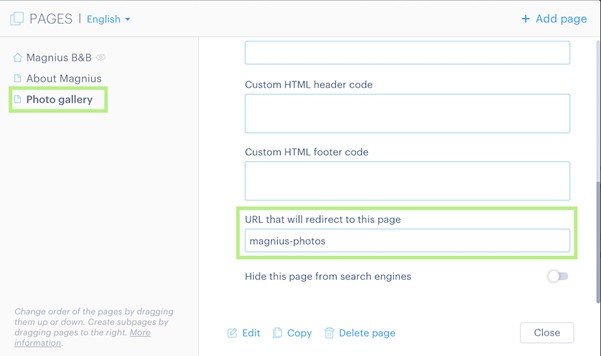 Example of a redirect link in Webnode SEO settings.