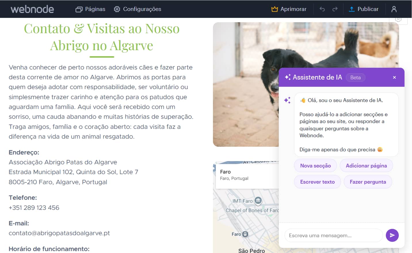 Chatbot de IA da Webnode para apoio na criação de sites