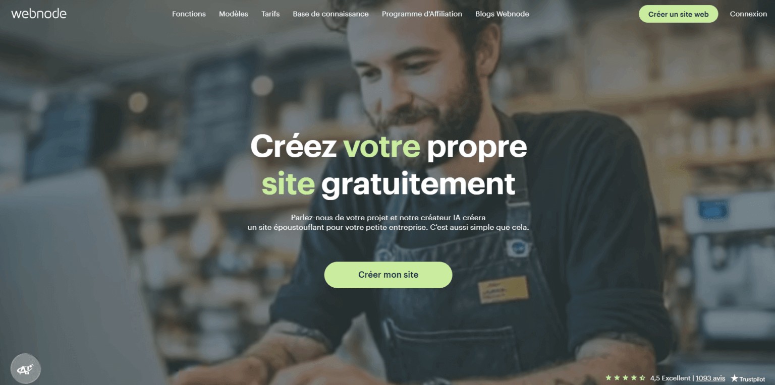 Une page de l'accueil de Webnode invitant les visiteurs à « créer votre propre site web gratuitement »