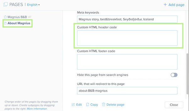 Custom HTML settings on an individual page in the Webnode editor.