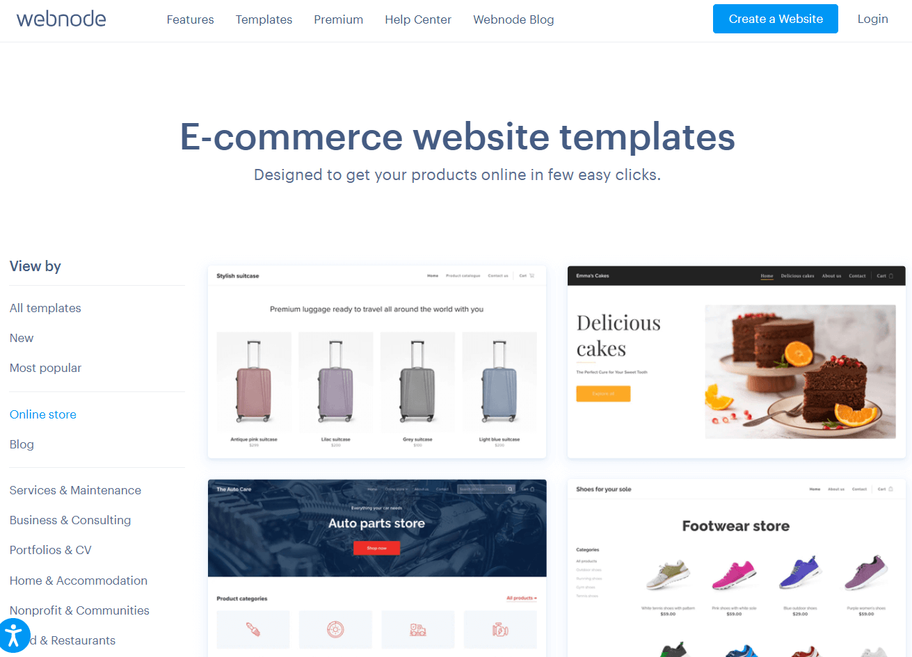Gallery of Webnode templates designed for online shops