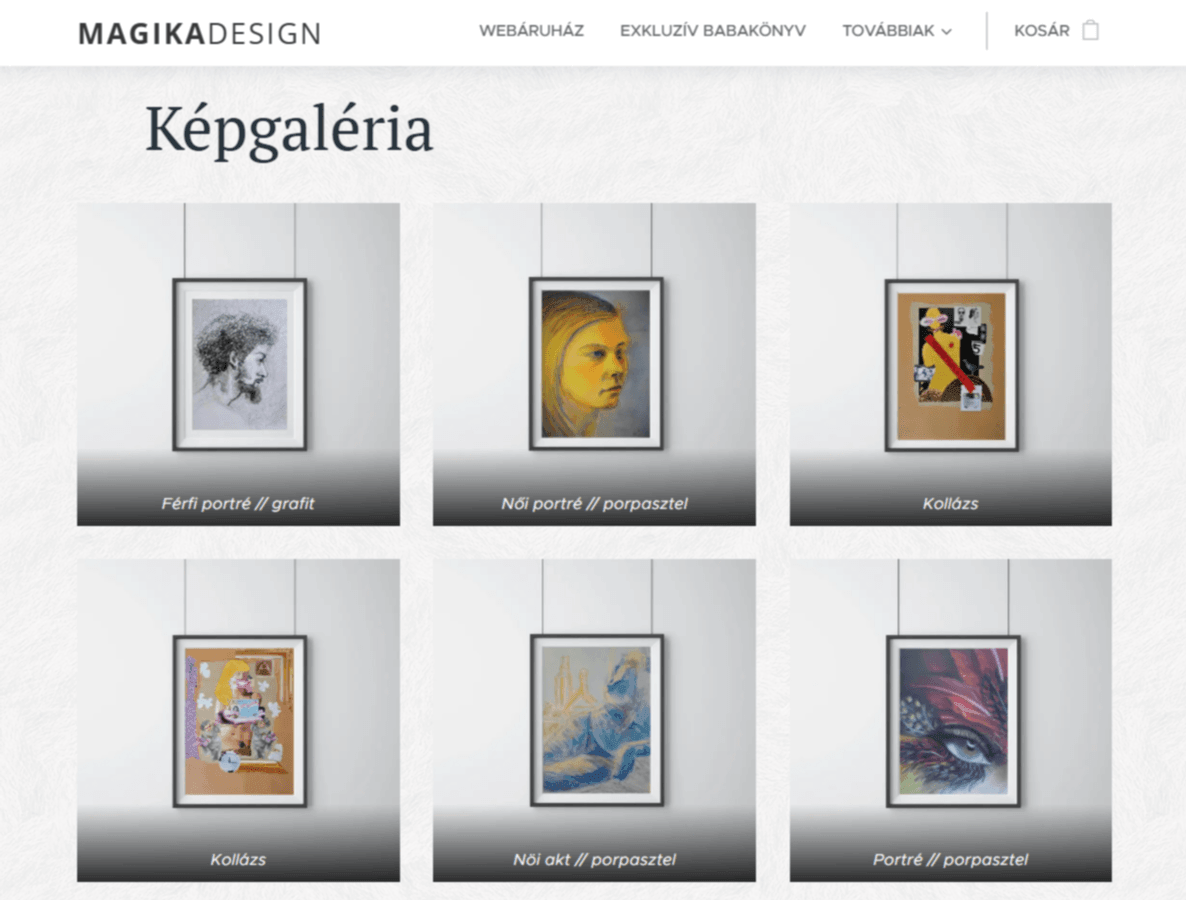 Dizájn és művészet weboldal példája galéria menüvel