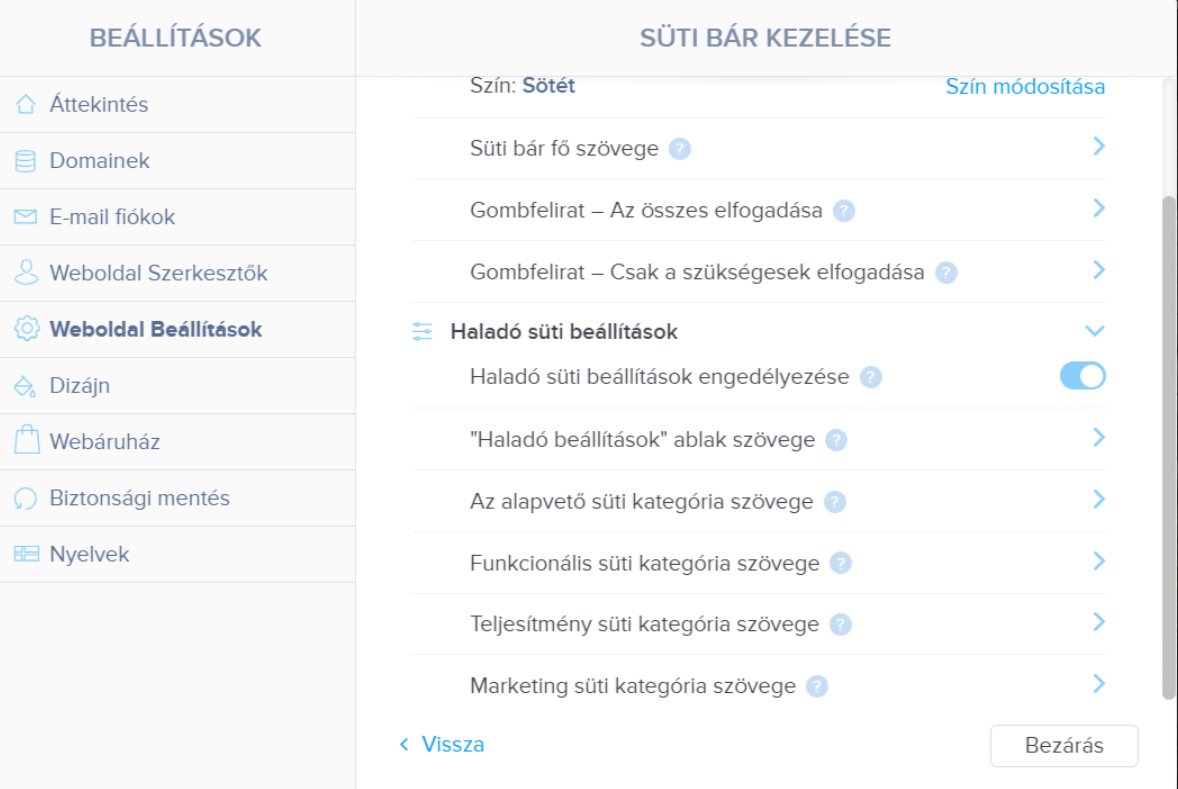 Webnode cookie-sáv beállításai