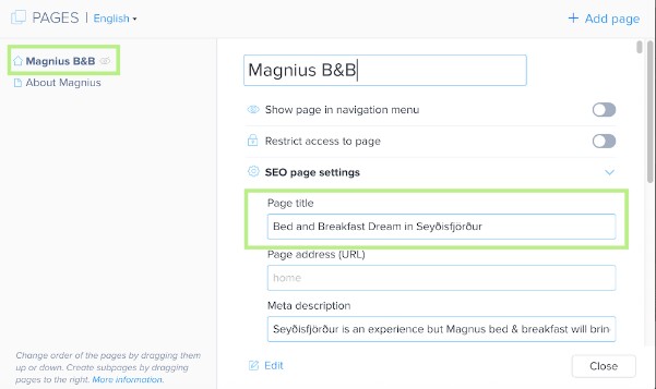 Webnode editor showing where to edit the page title for a selected page.