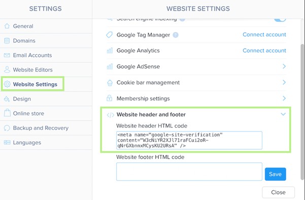 Example of embedding a meta tag in the Webnode editor for Google Search Console site verification.