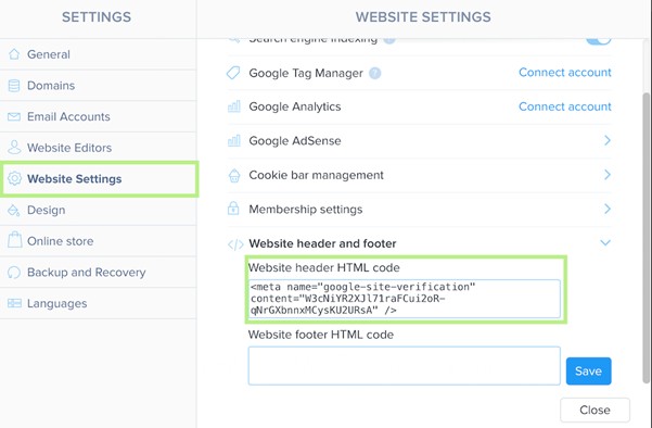 Webnode editor settings showing where to insert a site verification meta tag in the site header.