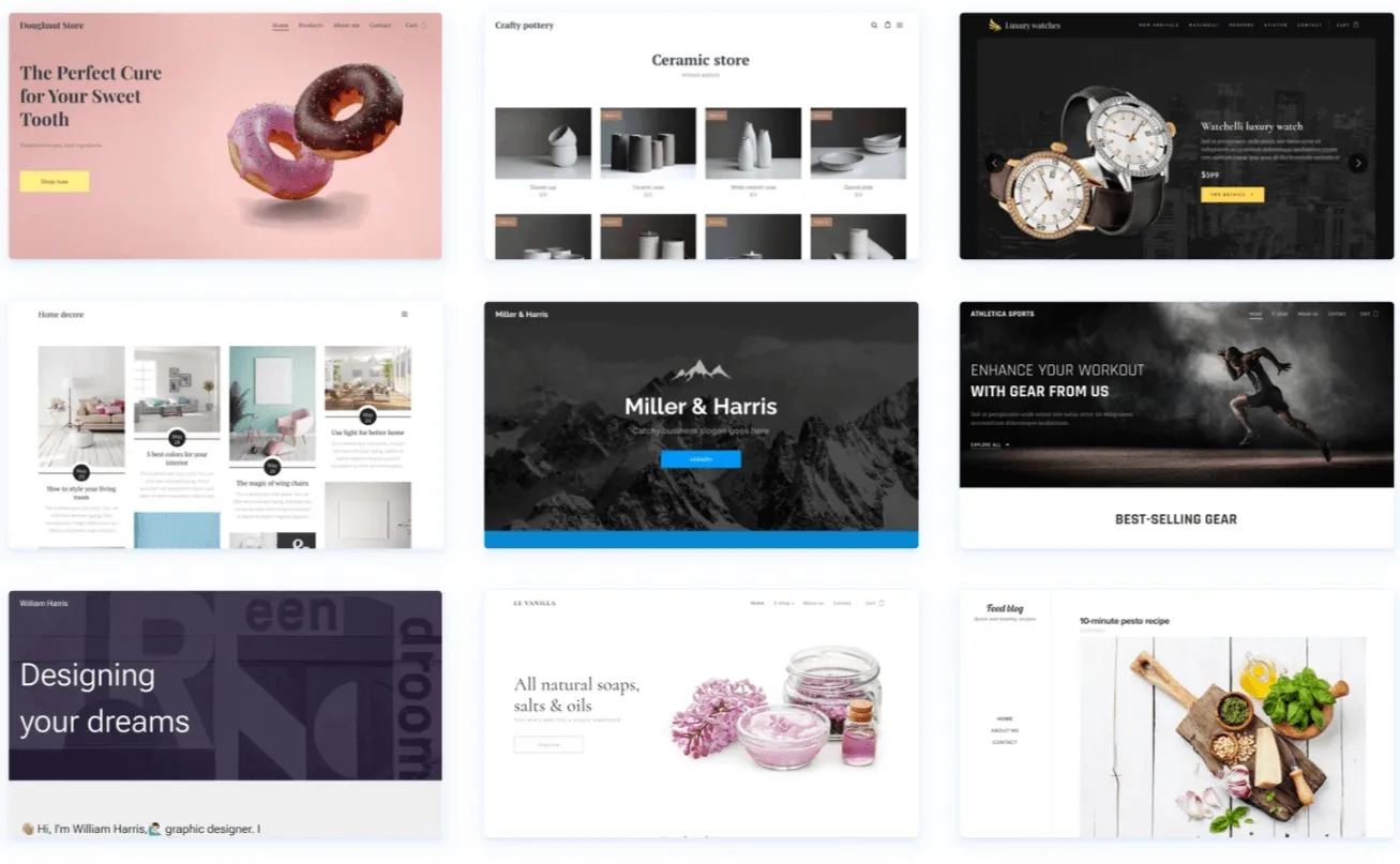 Webnode website templates displayed in a gallery