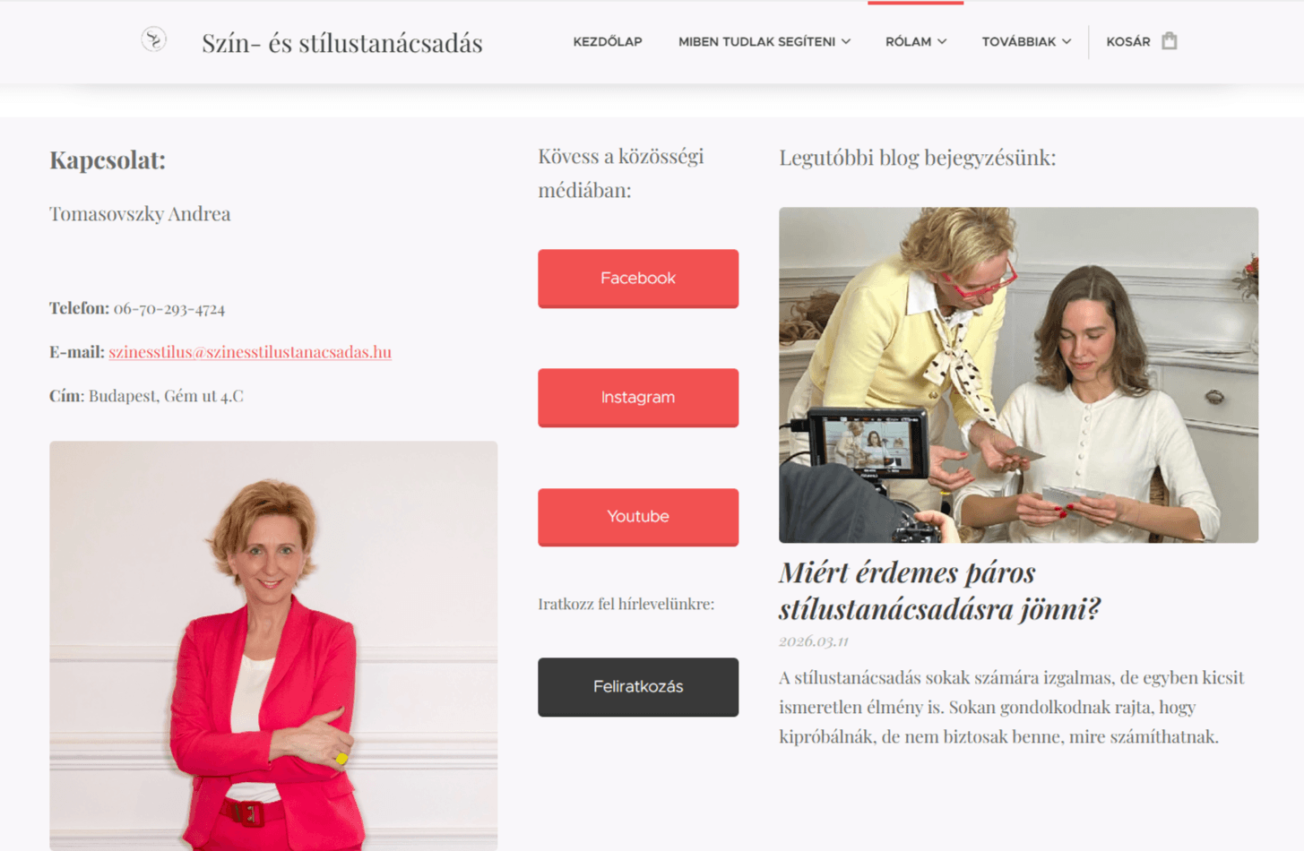Személyes weboldal példa a Webnode-dal készítve, szabadúszó weboldal: Szín- és stílustanácsadás