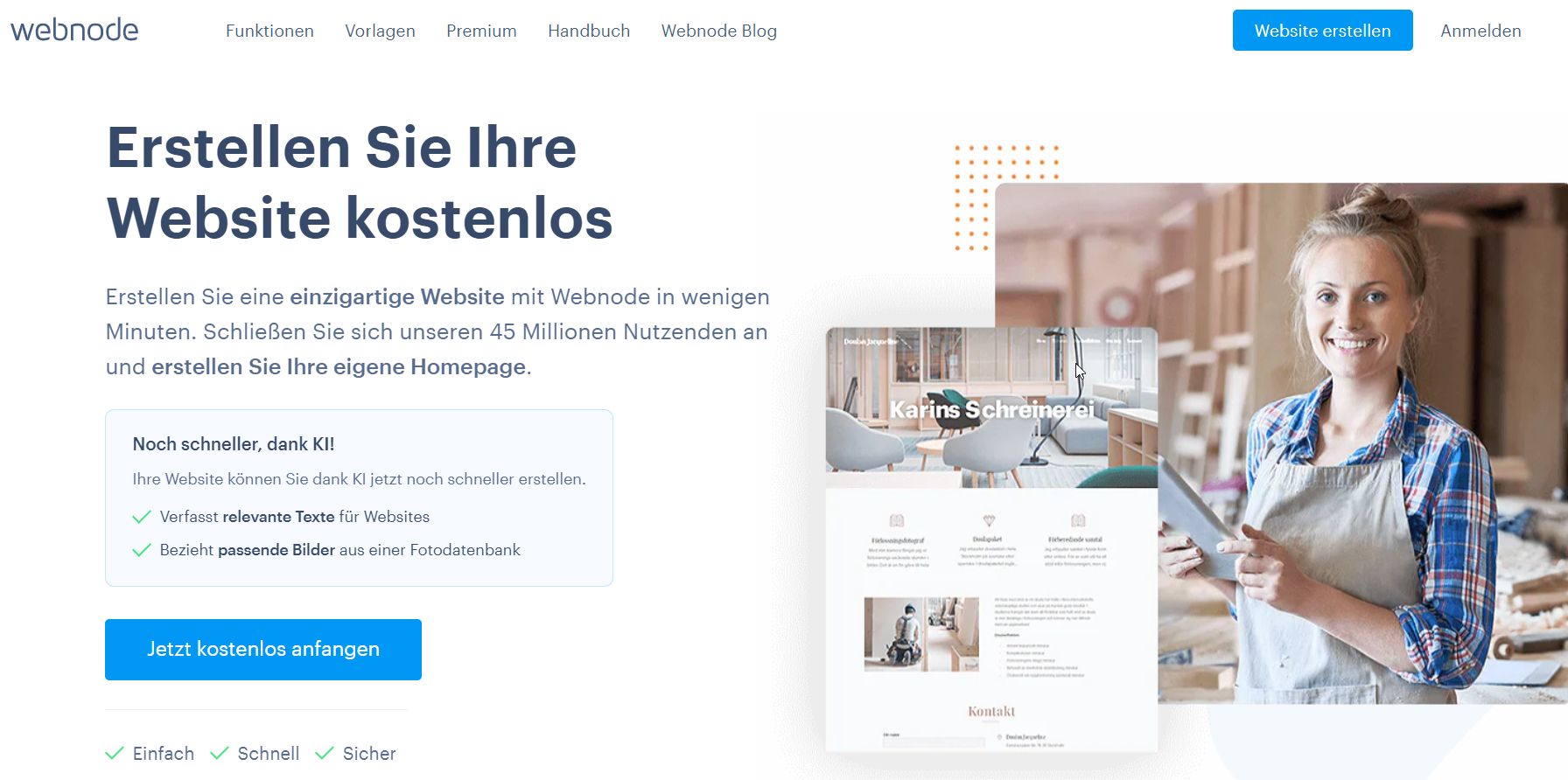 Webnode Startseite mit Call to Actions