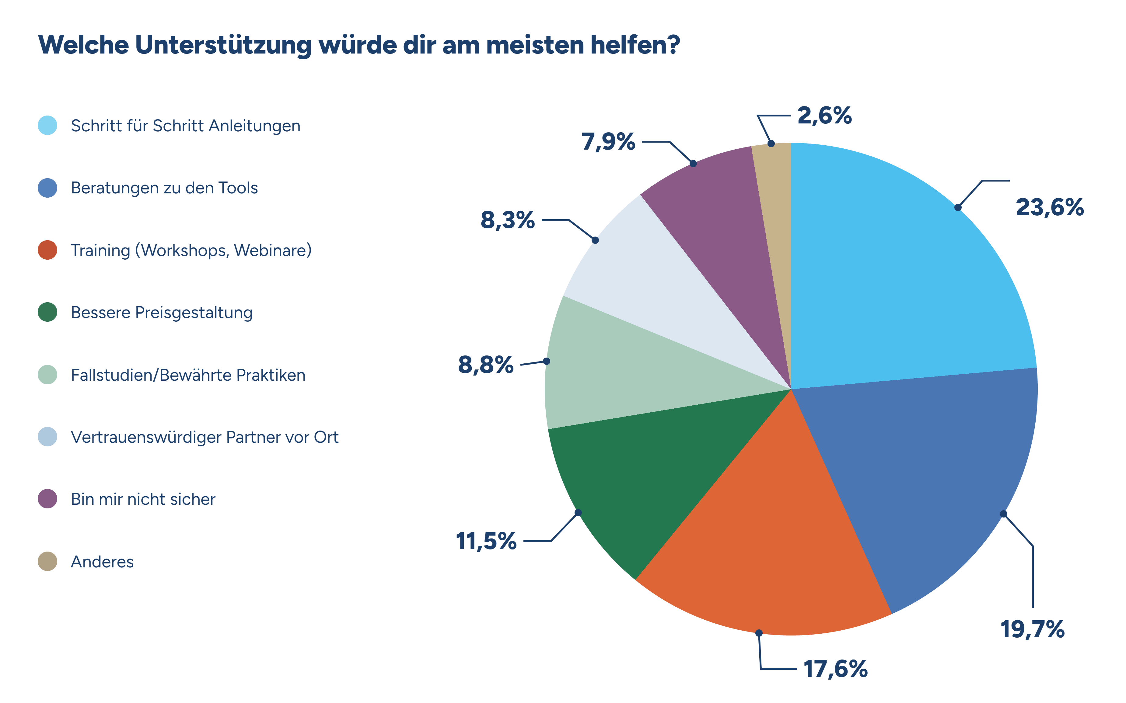 Dieses Kreisdiagramm zeigt, in welchen Bereichen sich die Befragten weitere Unterstützung bei der Nutzung von KI wünschen.