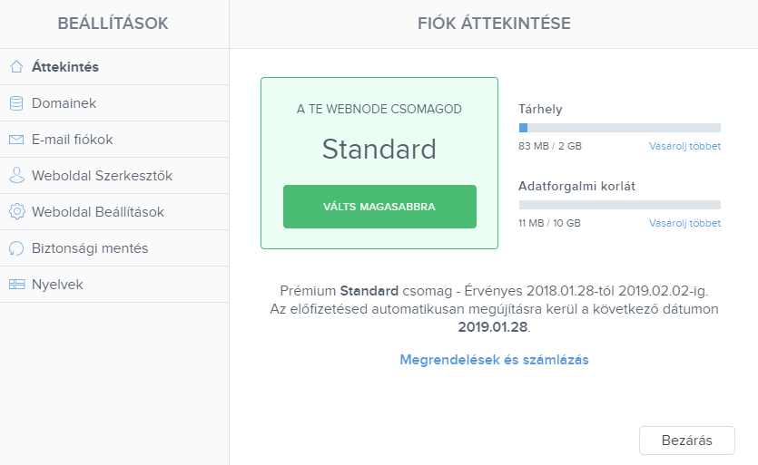Adatforgalom és tárhely a Webnode szerkesztőben