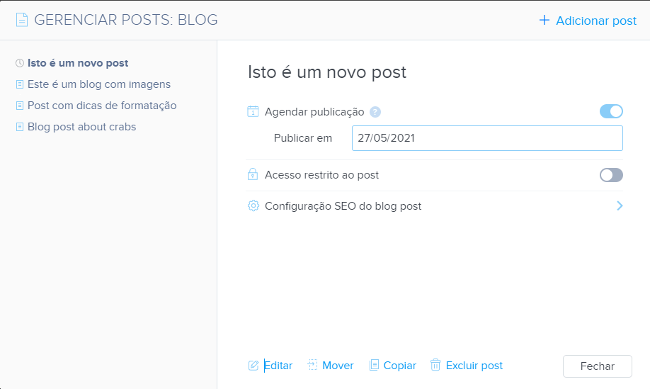 Agendamento de artigos na Webnode