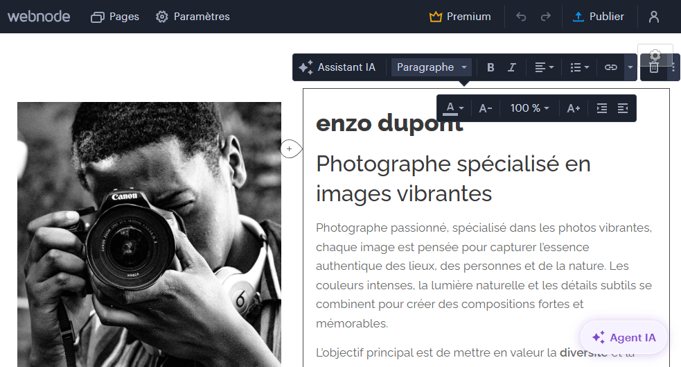 Une image montrant du texte en cours d'édition dans le constructeur de sites Webnode