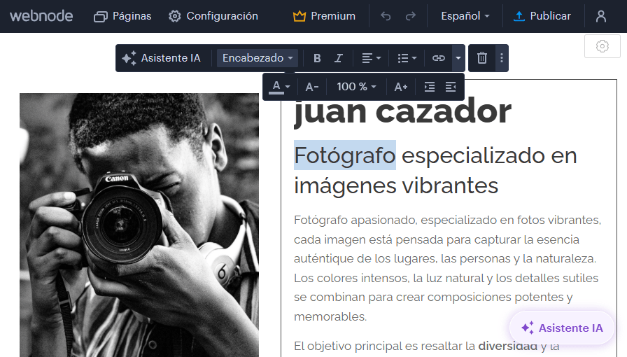 Una imagen en la que se ve cómo se edita un texto en el creador de sitios web de Webnode