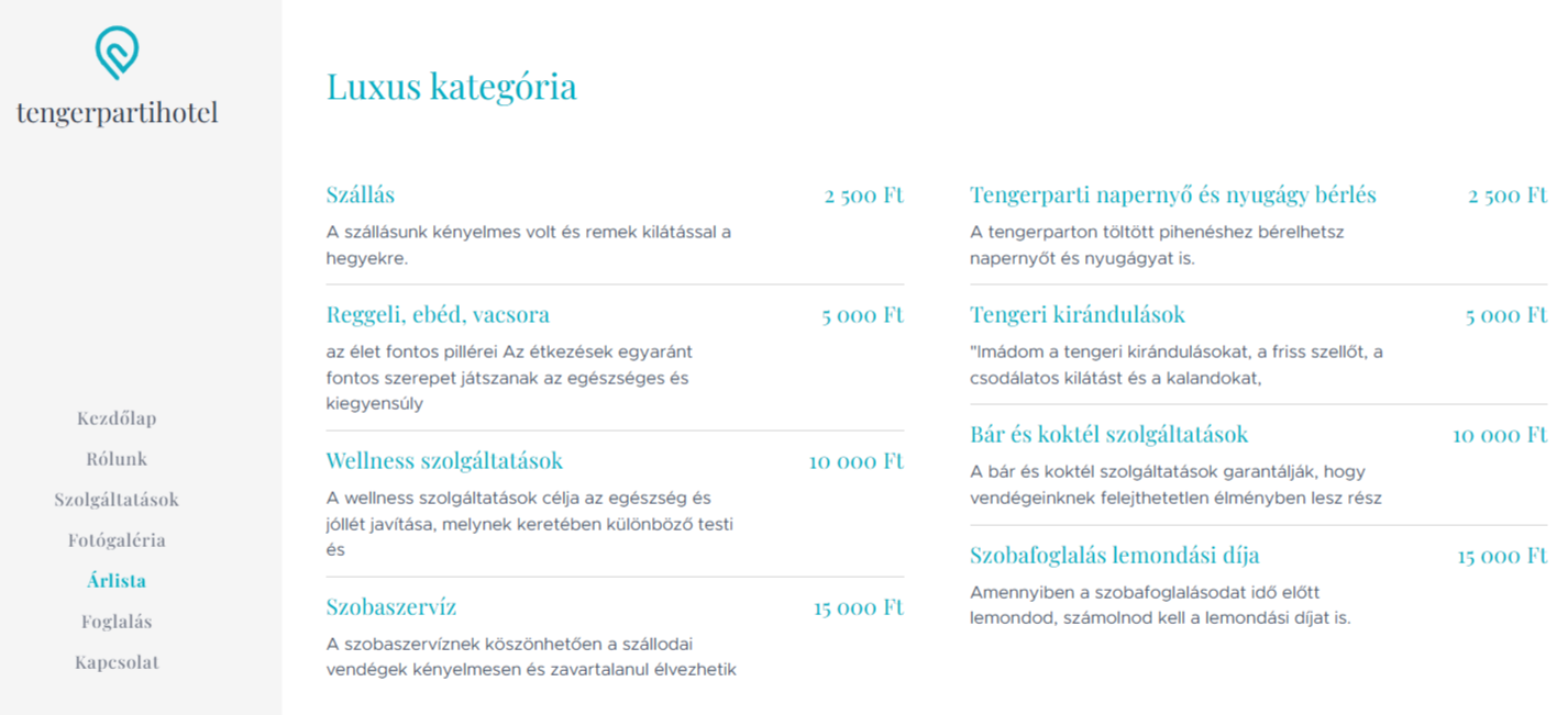 Egy hotel weboldal példa, amely a Webnode AI weboldal készítőjével, valamint mesterséges intelligencia által generált árakkal és szobákkal készült.
