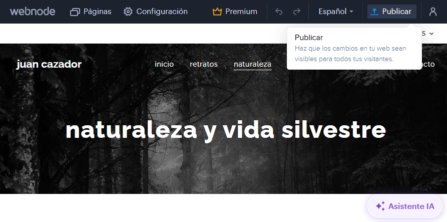 Sitio web listo para publicar en Webnode; crear y publicar lleva solo unos segundos