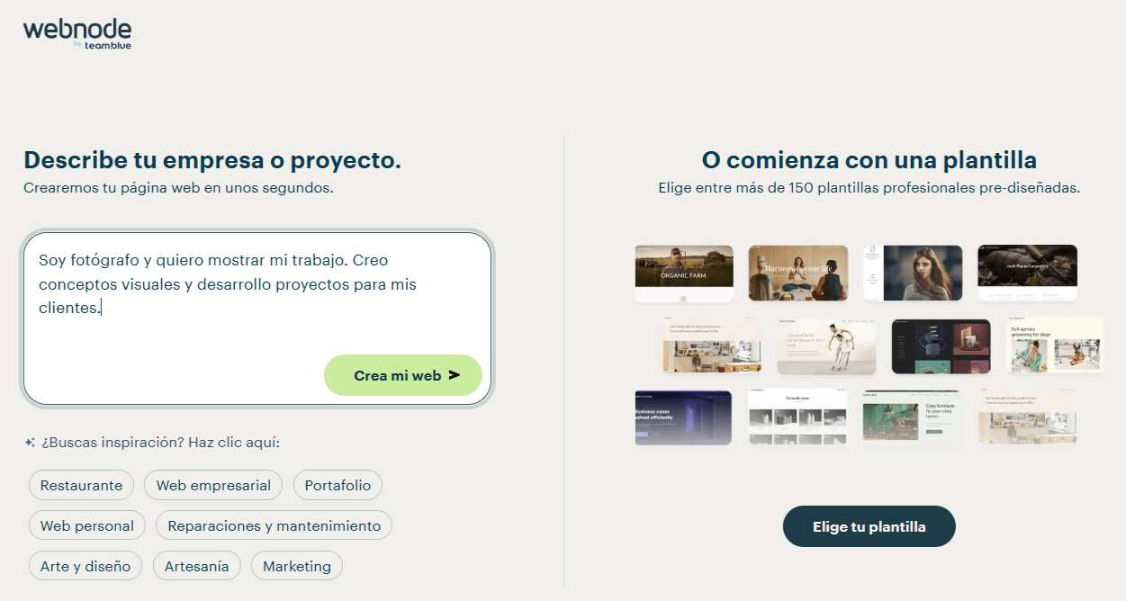 Una captura de pantalla del prompt de entrada usado para crear un sitio web construido con IA de Webnode