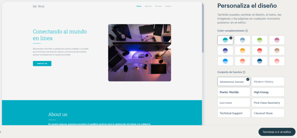 Interfaz del creador de sitios web con IA para personalizar el diseño seleccionado