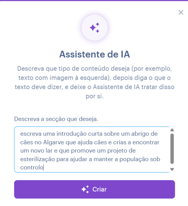 Exemplo de prompt para criar uma secção com o Assistente de IA da Webnode