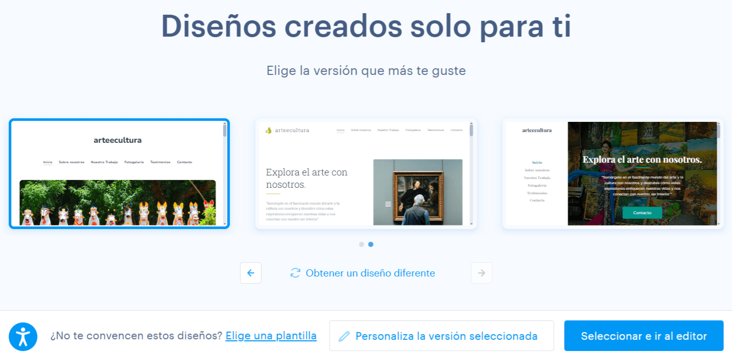 Diseños web sugeridos por el creador con IA de Webnode