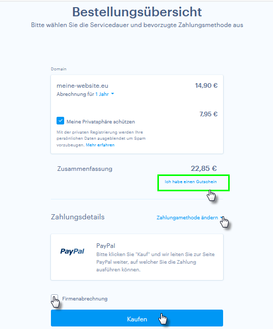 Bestellung der Domain-Registrierung mit Gutschein