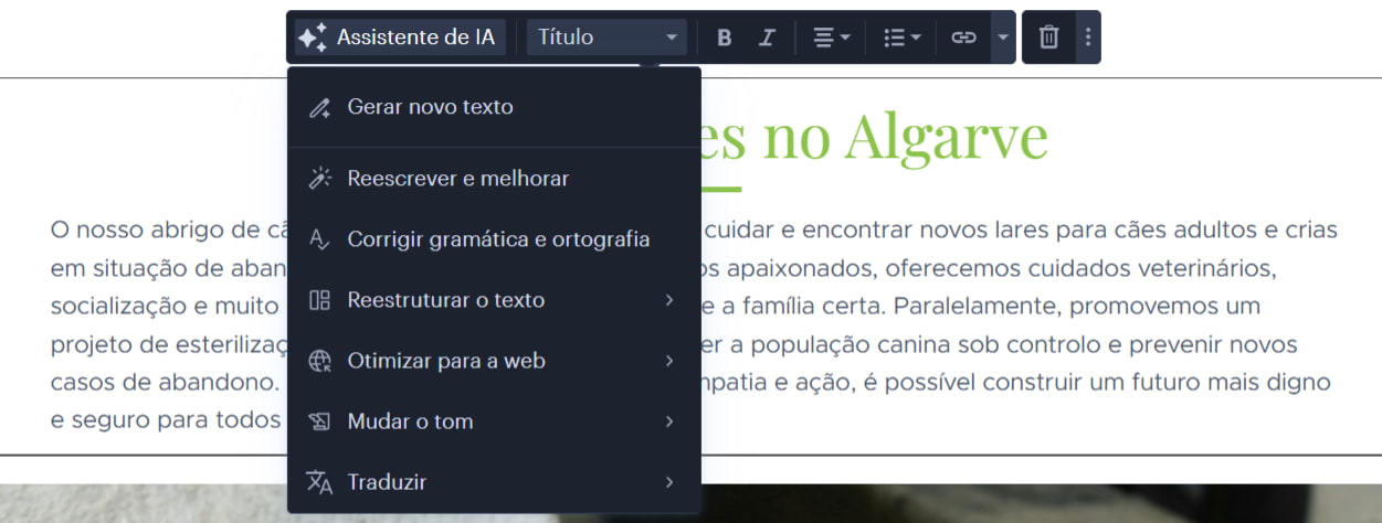 Edição de conteúdo de secção com o Assistente de IA da Webnode em tempo real