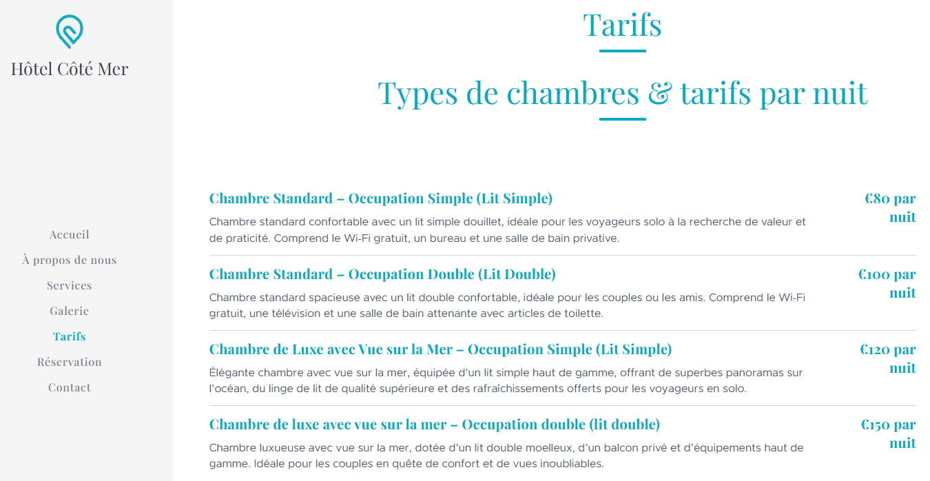 Exemple de site web d'hôtel créé à l'aide de l'outil de création IA de Webnode, affichant des prix et des chambres générés par l'IA.