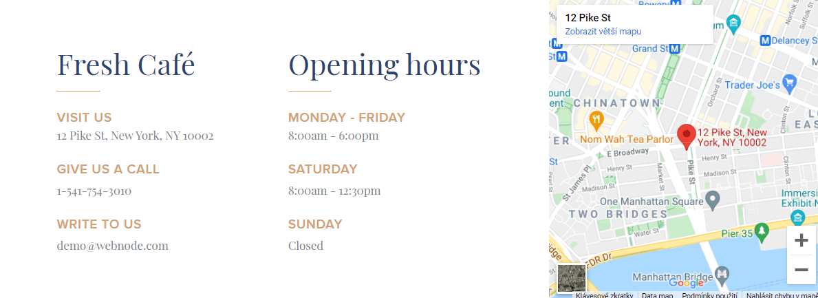 Contact details and a map in footer