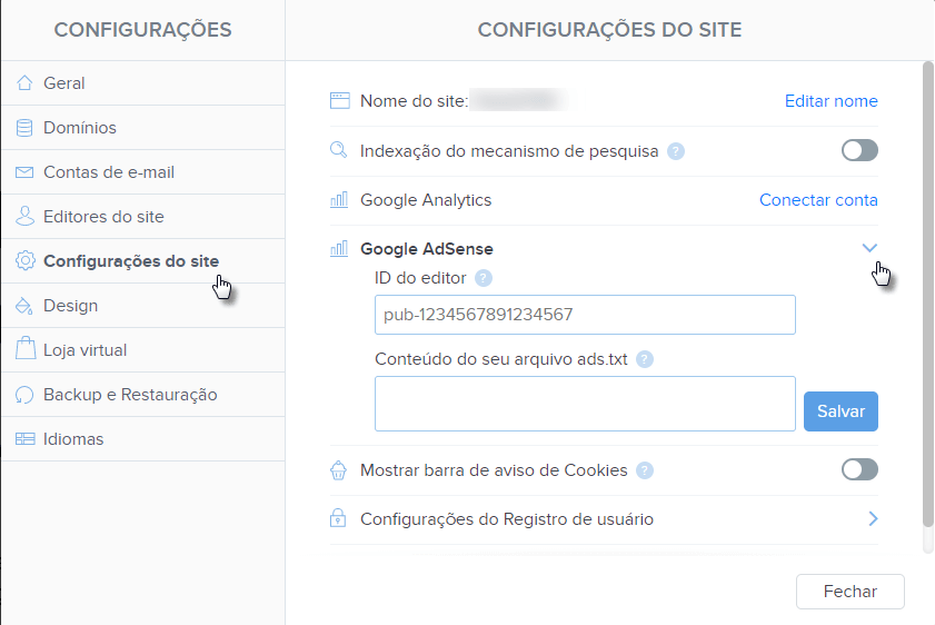 Configurando o anúncio do AdSense no Webnode
