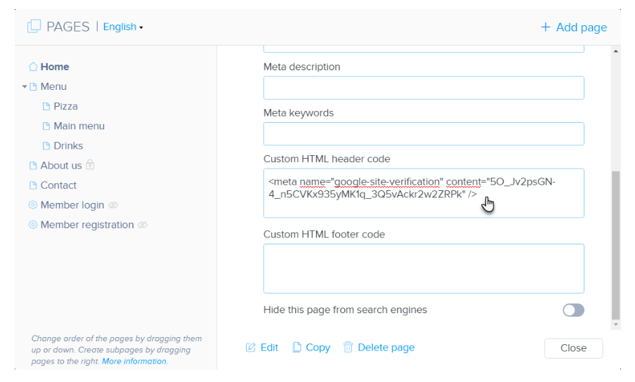 Add the HTML verification code in your Webnode editor—available with Standard, Profi, or Business plans.