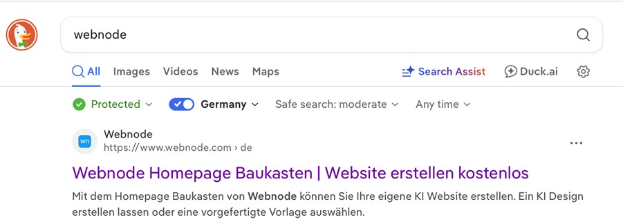Beispiel der Metabeschreibung von Webnode Website Builder im Duck Duck Go Suchergebnis.