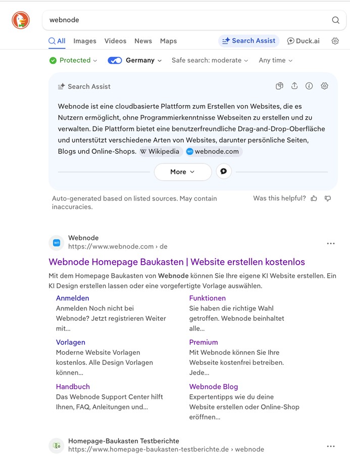 Suchergebnisbeispiel für den Duck Duck Go Browser und Search Assistent.